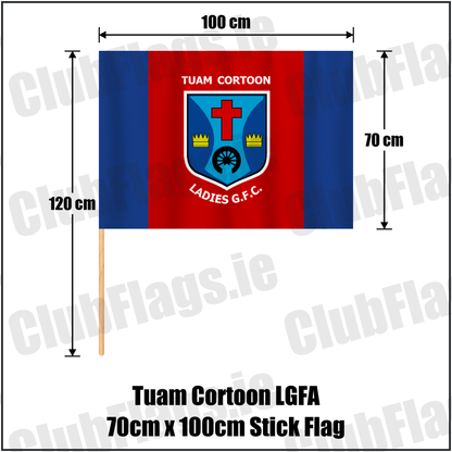 Tuam Cortoon LGFA 70cm x 100cm Stick Flag, featuring the club crest and royal blue and red colours; County Galway ladies Gaelic football. ClubFlags.ie.