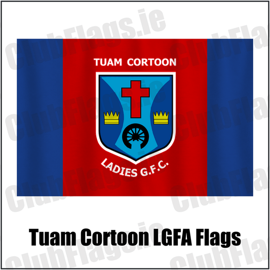 Tuam Cortoon LGFA Flags, featuring the club crest and royal blue and red colours; County Galway ladies Gaelic football. ClubFlags.ie.