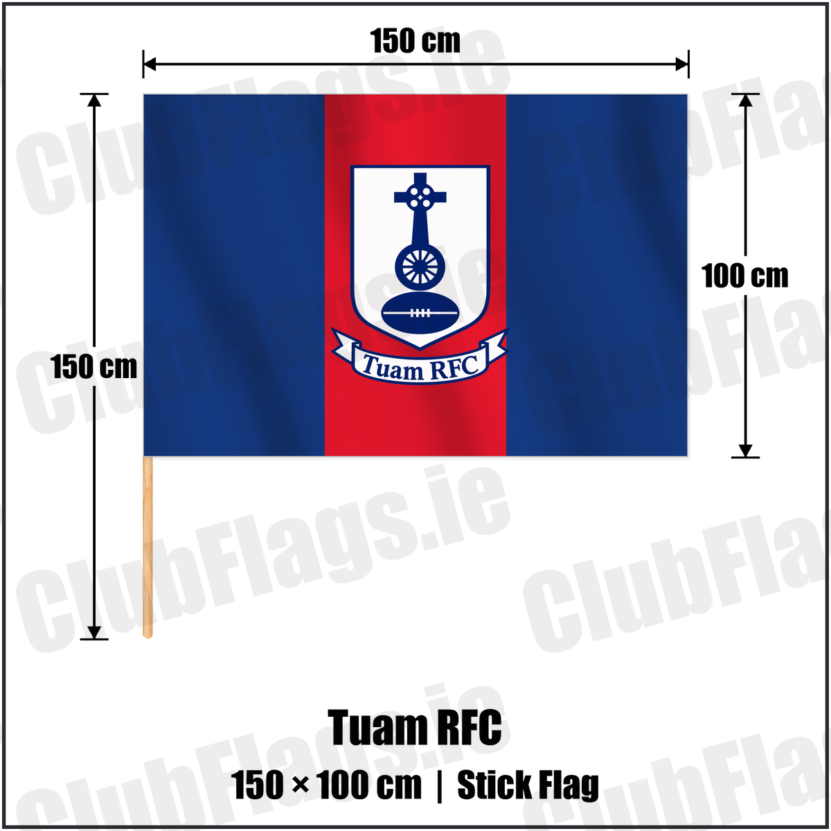 Tuam RFC 100cm x 150cm Stick Flag with the club crest and colours, Galway Rugby - ClubFlags.ie
