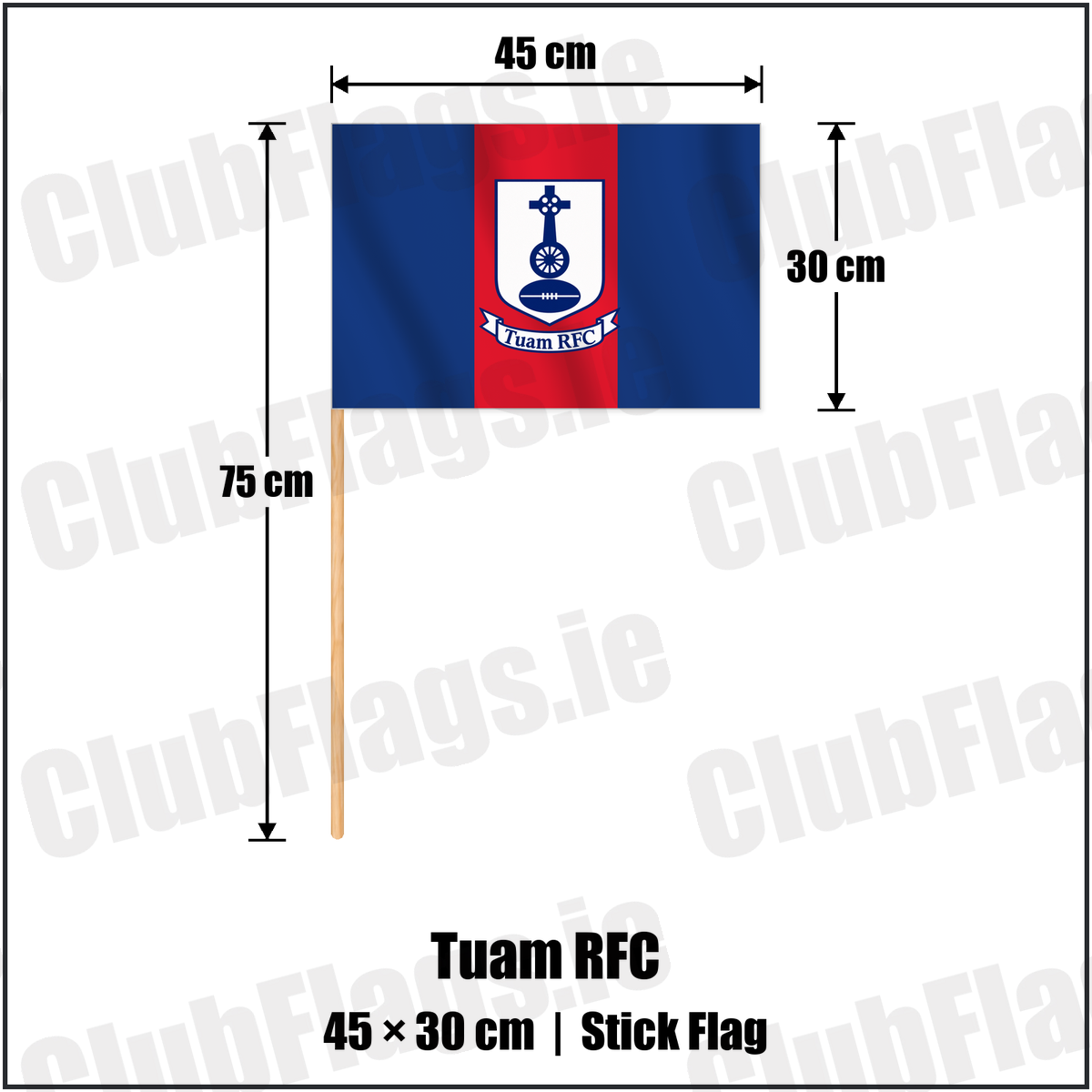 Tuam RFC 30cm x 45cm Stick Flag with the club crest and colours, Galway Rugby - ClubFlags.ie