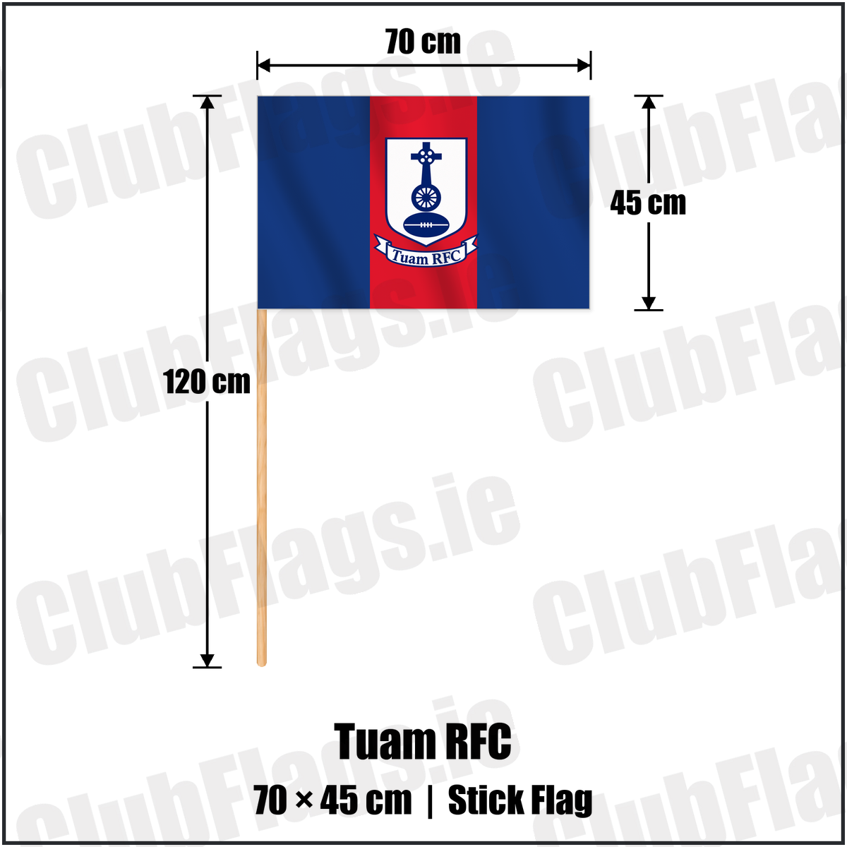 Tuam RFC 45cm x 70cm Stick Flag with the club crest and colours, Galway Rugby - ClubFlags.ie