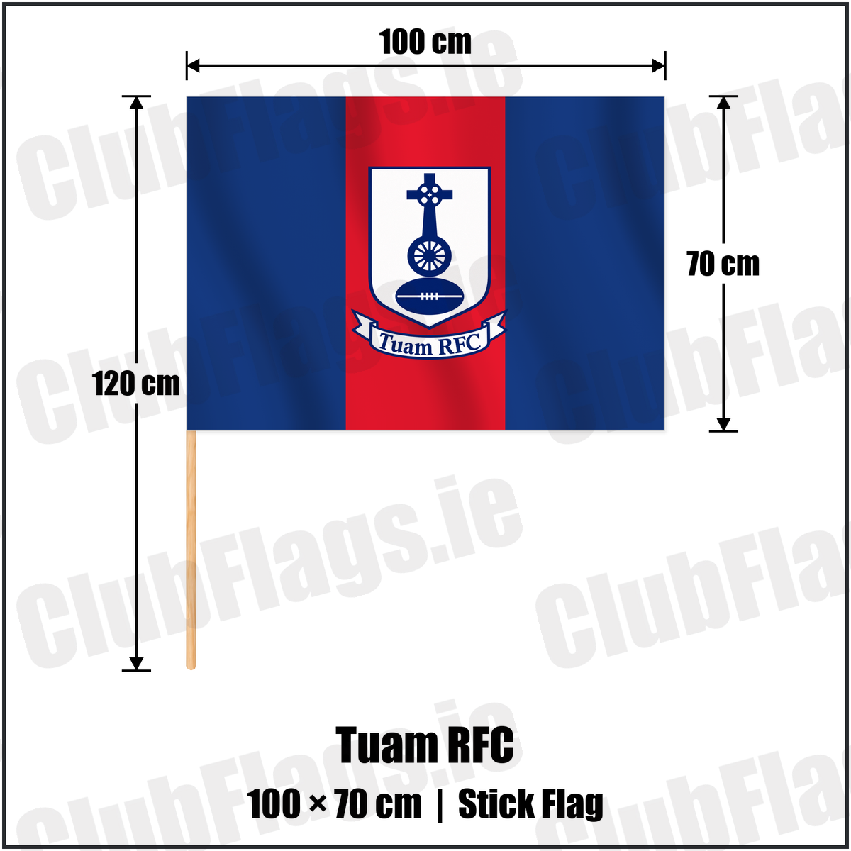 Tuam RFC 70cm x 100cm Stick Flag with the club crest and colours, Galway Rugby - ClubFlags.ie