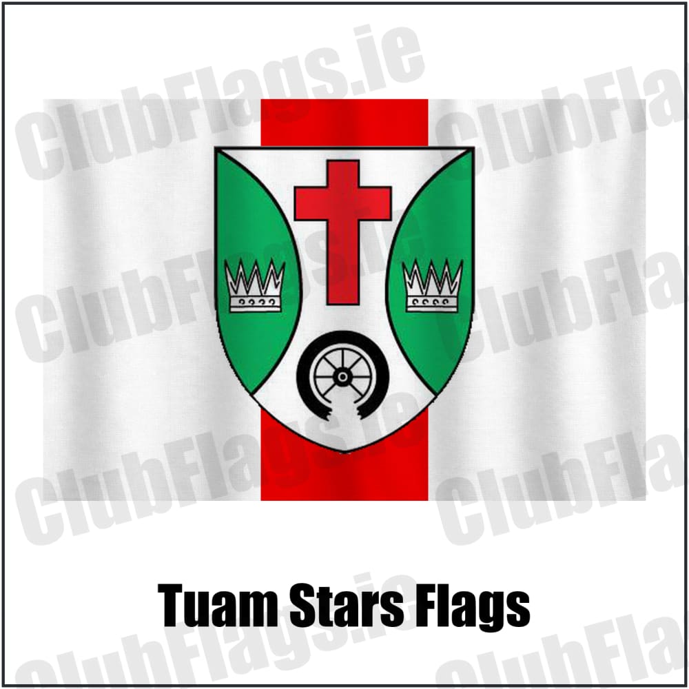 Tuam Stars Flags in white and red, featuring the club crest on realistic fabric with gentle vertical folds; County Galway GAA. ClubFlags.ie.