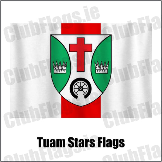 Tuam Stars Flags in white and red, featuring the club crest on realistic fabric with gentle vertical folds; County Galway GAA. ClubFlags.ie.