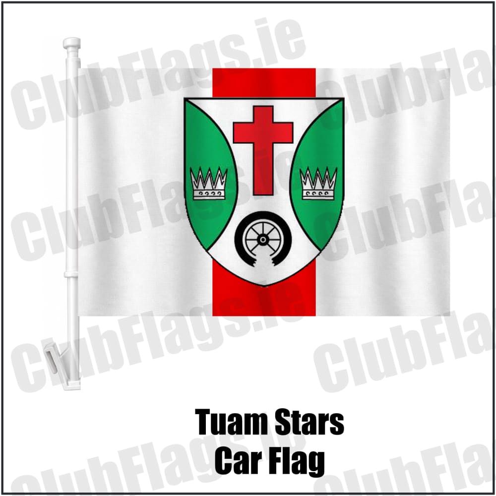 Tuam Stars Car Flag in white and red, featuring the club crest on realistic fabric with gentle vertical folds; County Galway GAA. ClubFlags.ie.