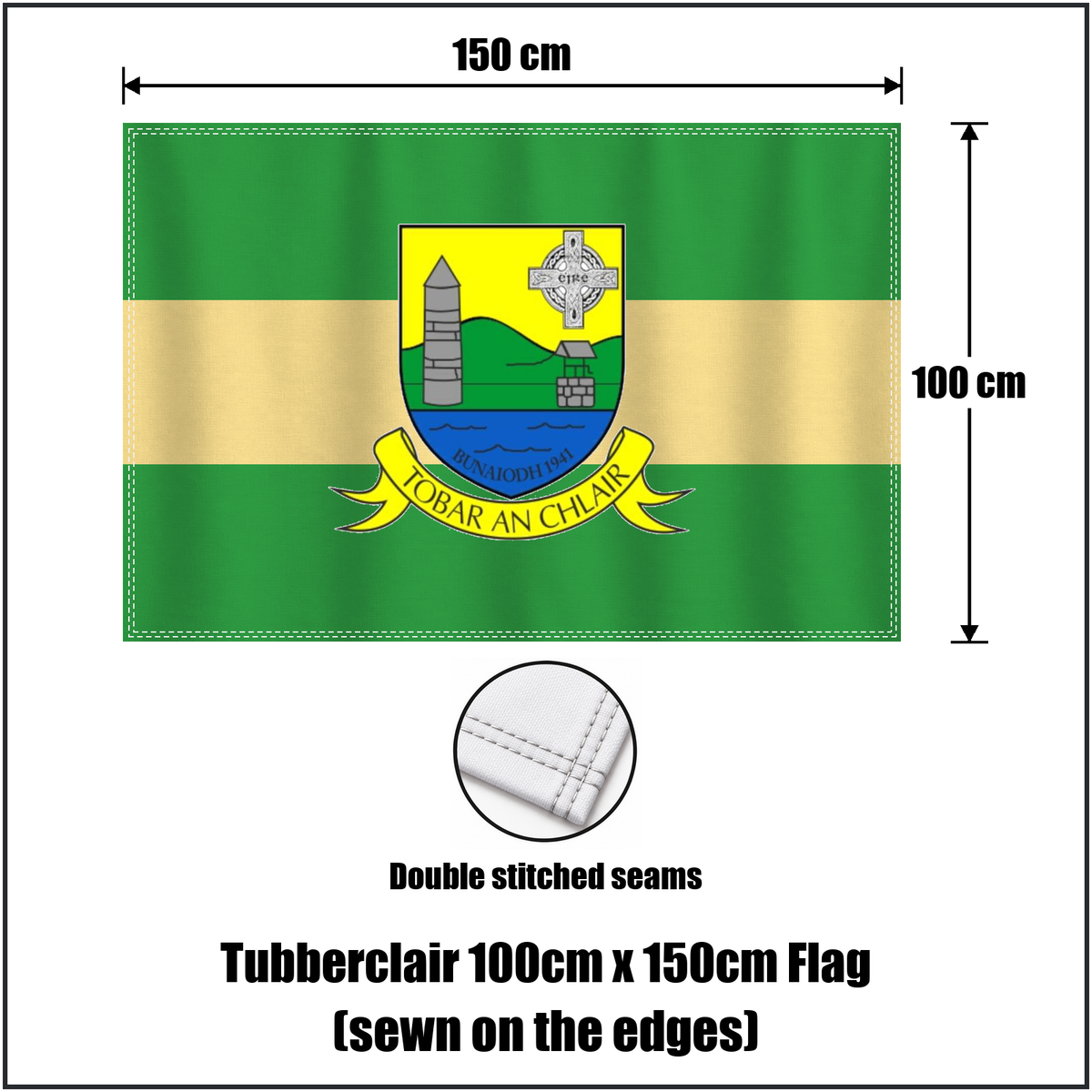 Tubberclair 100cm x 150cm Flag (sewn on the edges), featuring the club crest and green and gold colours; County Westmeath GAA. ClubFlags.ie.