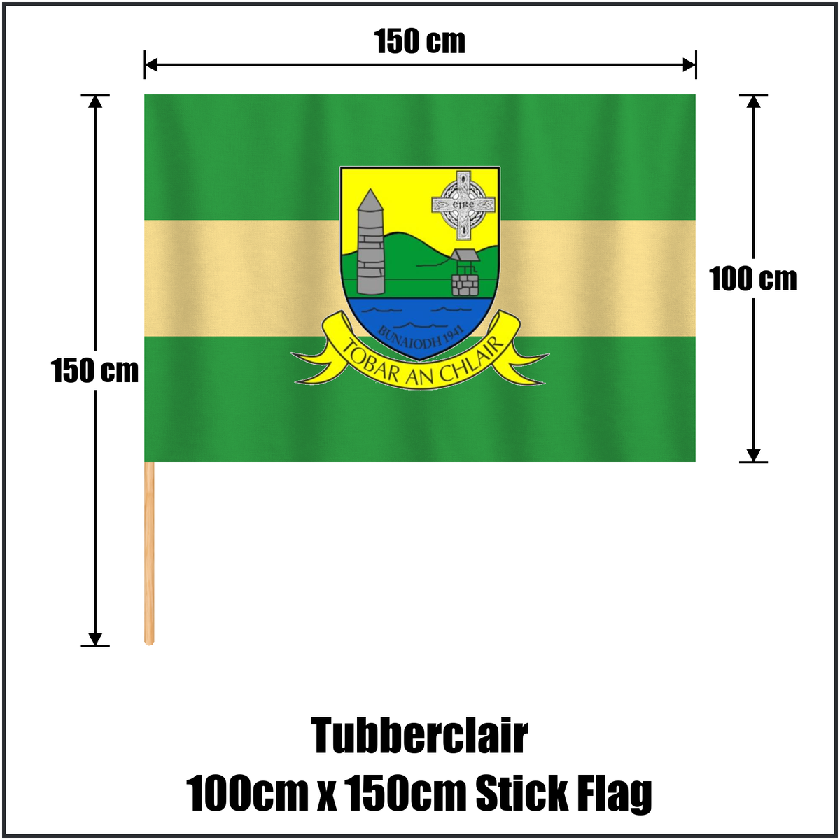 Tubberclair 100cm x 150cm Stick Flag, featuring the club crest and green and gold colours; County Westmeath GAA. ClubFlags.ie.