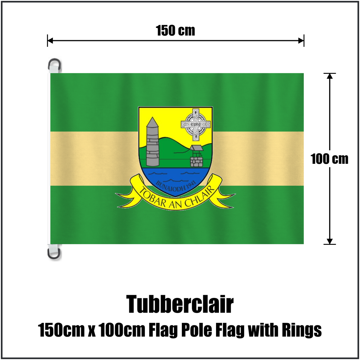 Tubberclair 150cm x 100cm Flag Pole Flag with Rings, featuring the club crest and green and gold colours; County Westmeath GAA. ClubFlags.ie.
