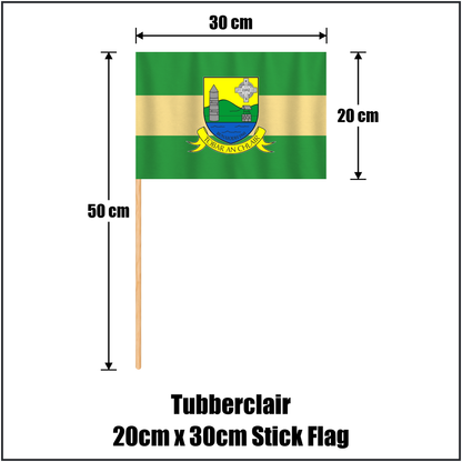 Tubberclair 20cm x 30cm Stick Flag, featuring the club crest and green and gold colours; County Westmeath GAA. ClubFlags.ie.