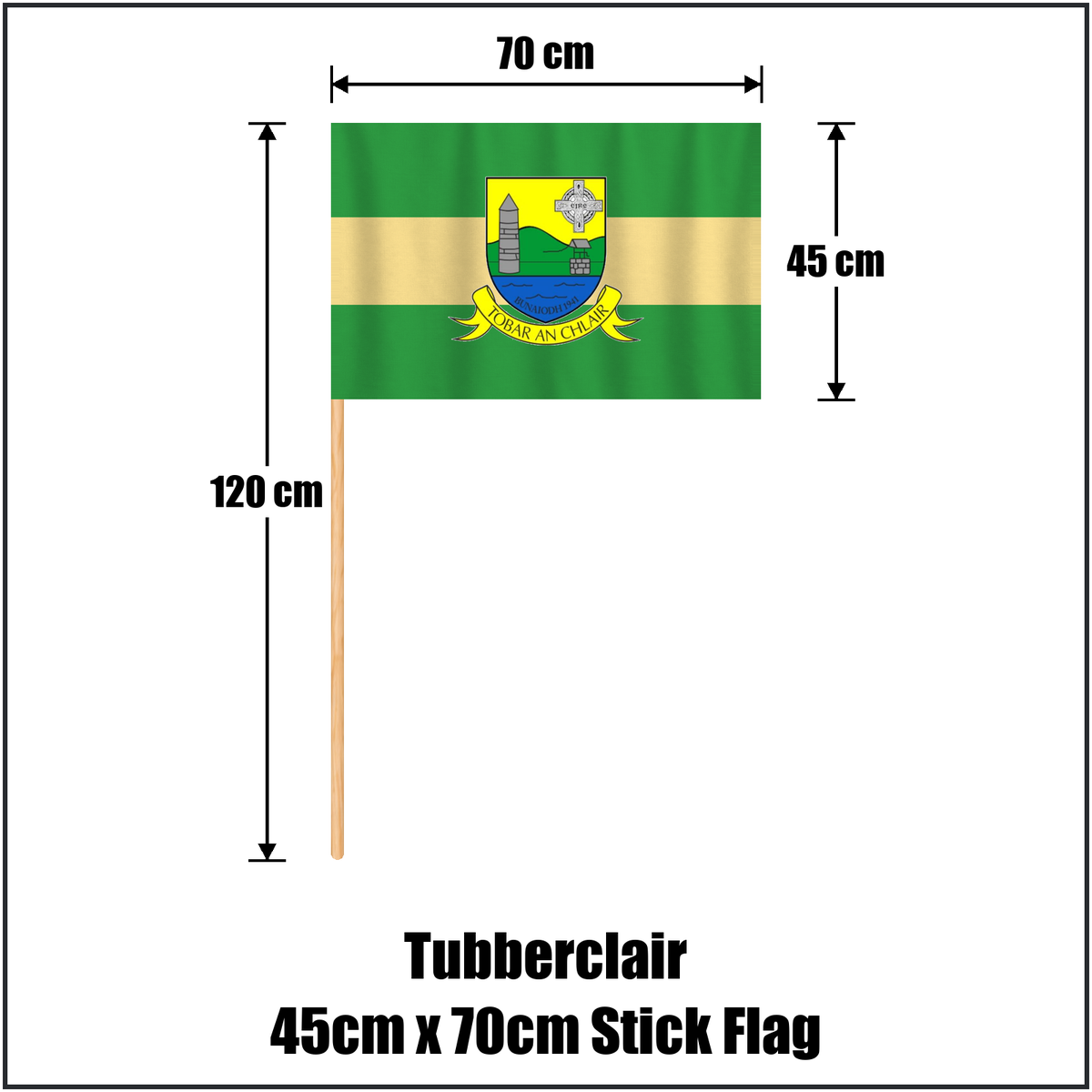 Tubberclair 45cm x 70cm Stick Flag, featuring the club crest and green and gold colours; County Westmeath GAA. ClubFlags.ie.