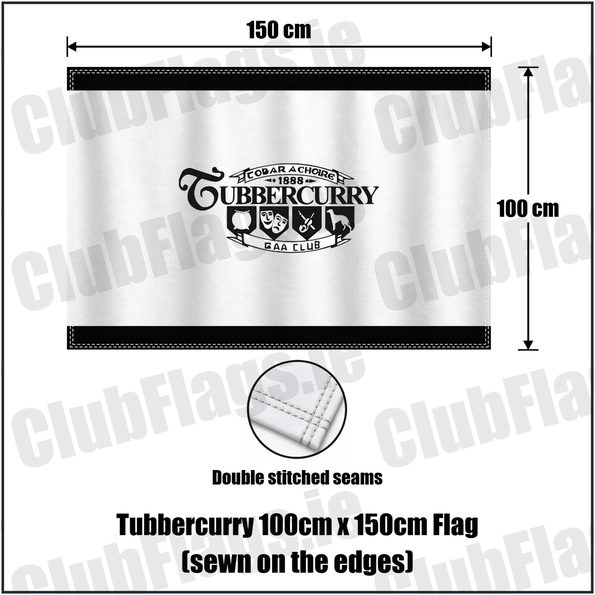 Tubbercurry 100cm x 150cm Flag (sewn on the edges), featuring the club crest and black and white colours; County Sligo GAA. ClubFlags.ie.
