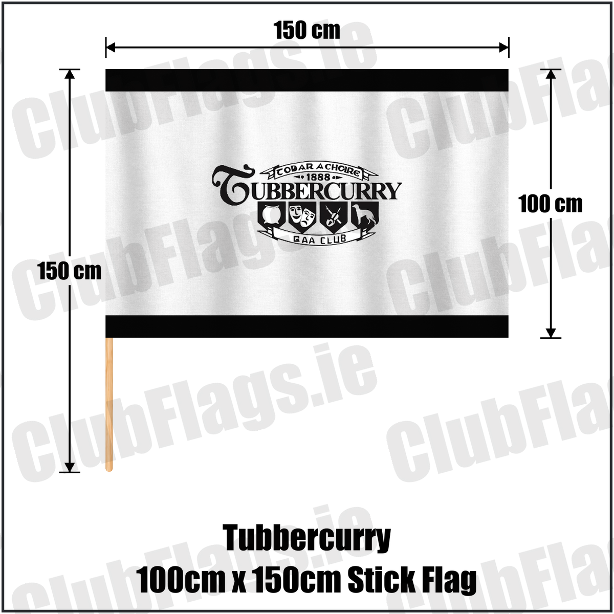 Tubbercurry 100cm x 150cm Stick Flag, featuring the club crest and black and white colours; County Sligo GAA. ClubFlags.ie.