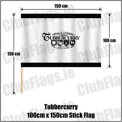 Tubbercurry 100cm x 150cm Stick Flag, featuring the club crest and black and white colours; County Sligo GAA. ClubFlags.ie.