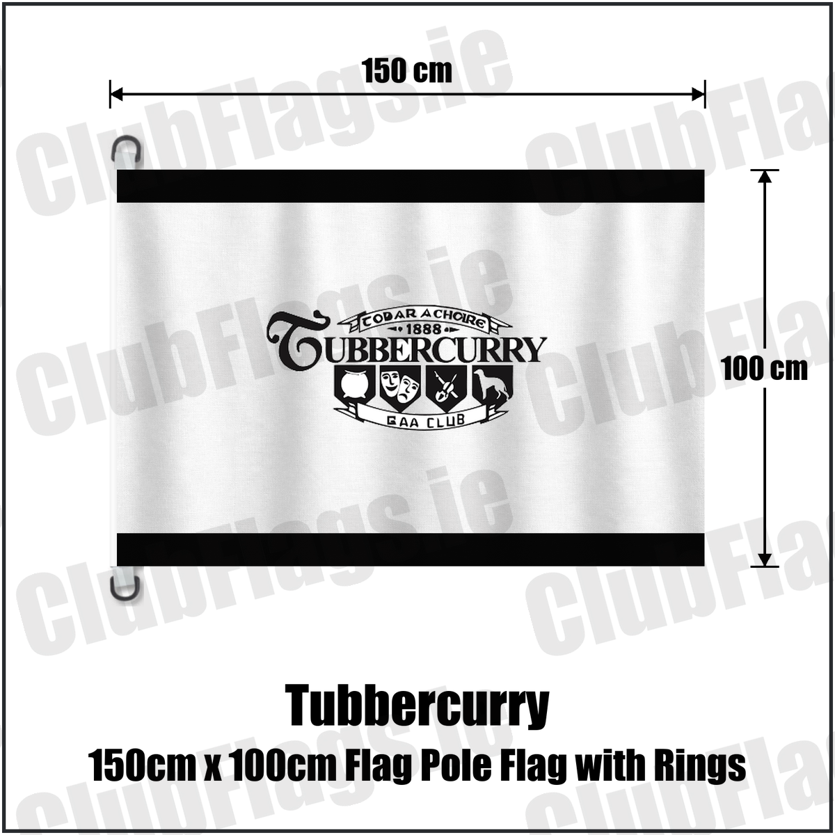 Tubbercurry 150cm x 100cm Flag Pole Flag with Rings, featuring the club crest and black and white colours; County Sligo GAA. ClubFlags.ie.