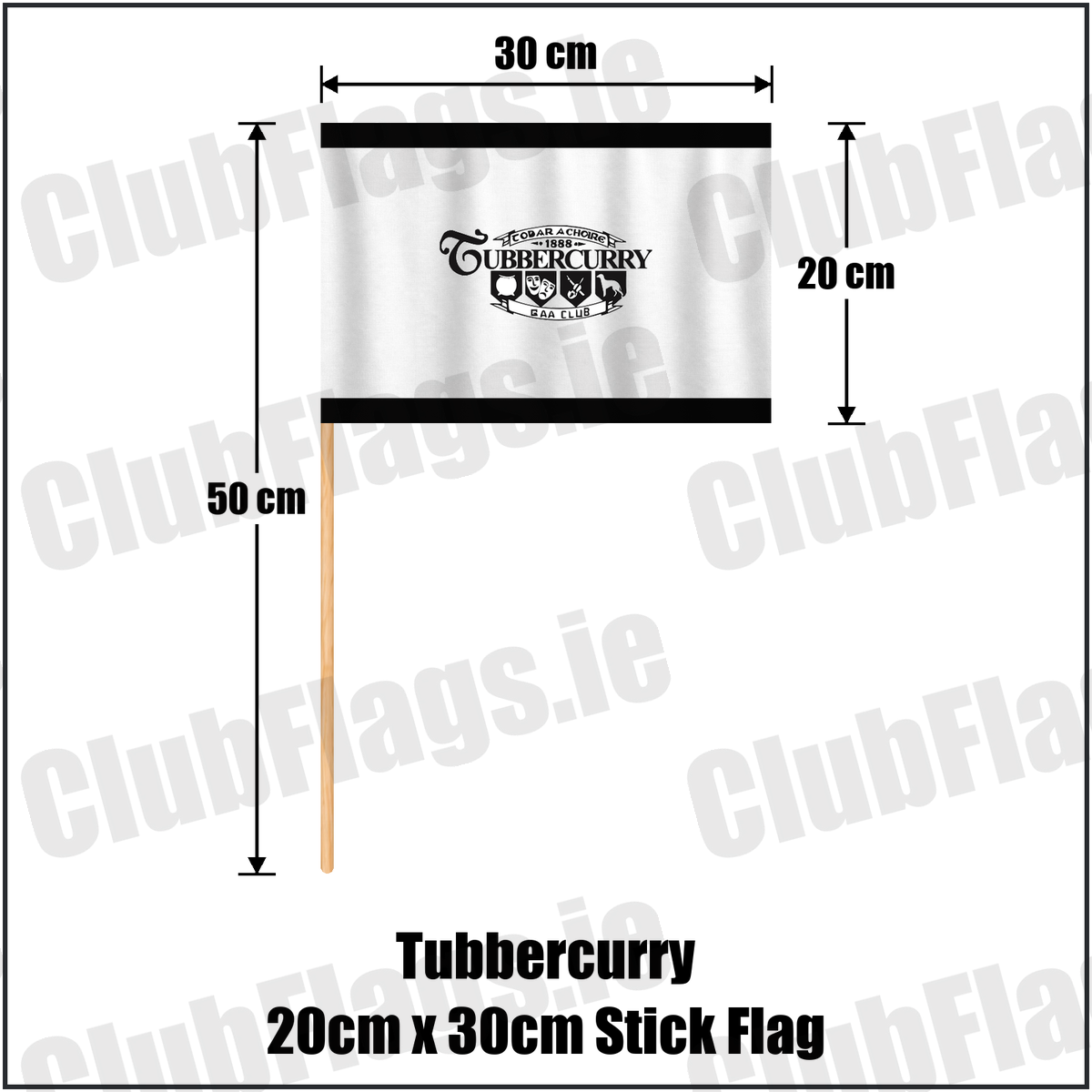 Tubbercurry 20cm x 30cm Stick Flag, featuring the club crest and black and white colours; County Sligo GAA. ClubFlags.ie.
