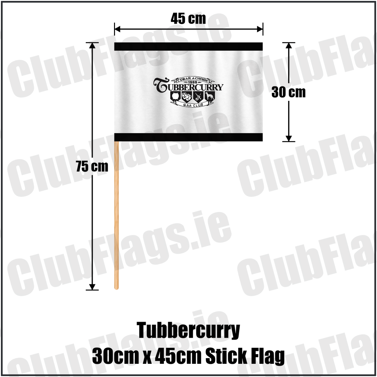 Tubbercurry 30cm x 45cm Stick Flag, featuring the club crest and black and white colours; County Sligo GAA. ClubFlags.ie.