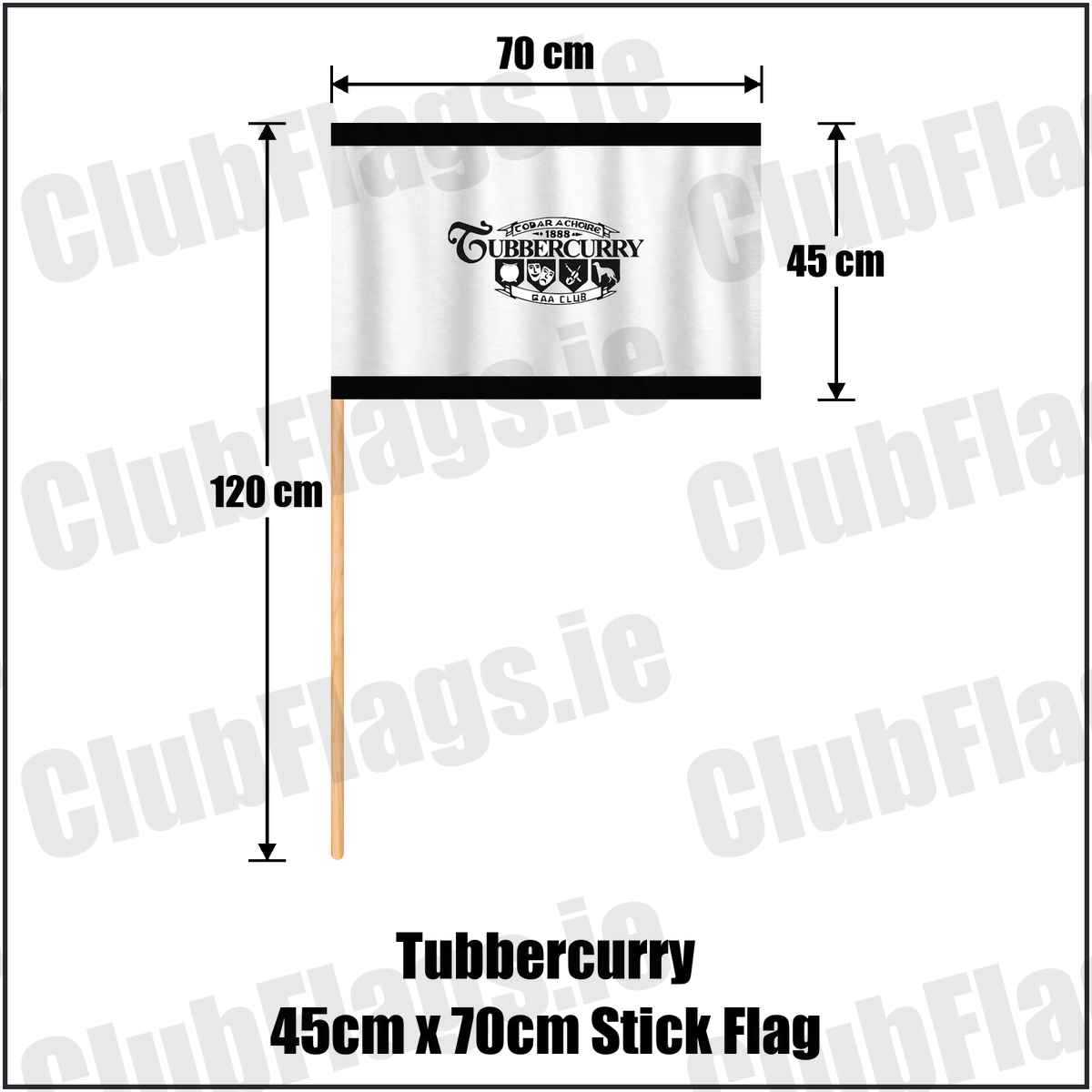 Tubbercurry 45cm x 70cm Stick Flag, featuring the club crest and black and white colours; County Sligo GAA. ClubFlags.ie.