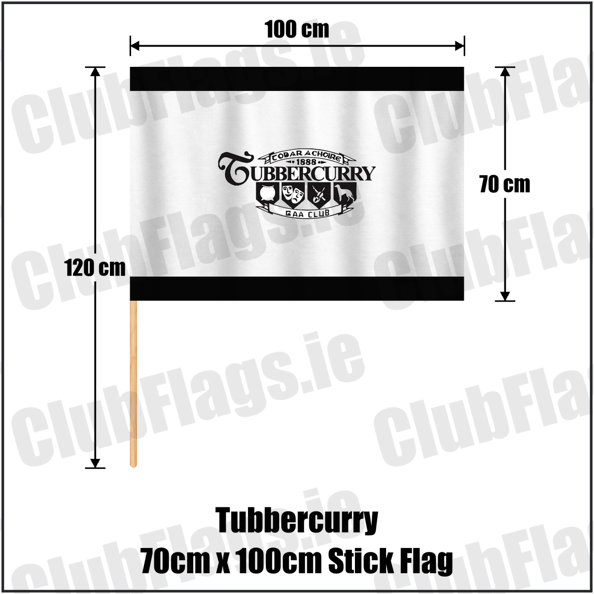 Tubbercurry 70cm x 100cm Stick Flag, featuring the club crest and black and white colours; County Sligo GAA. ClubFlags.ie.
