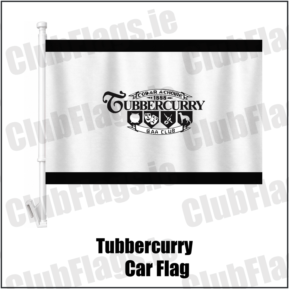 Tubbercurry Car Flag, featuring the club crest and black and white colours; County Sligo GAA. ClubFlags.ie.
