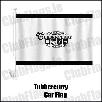Tubbercurry Car Flag, featuring the club crest and black and white colours; County Sligo GAA. ClubFlags.ie.