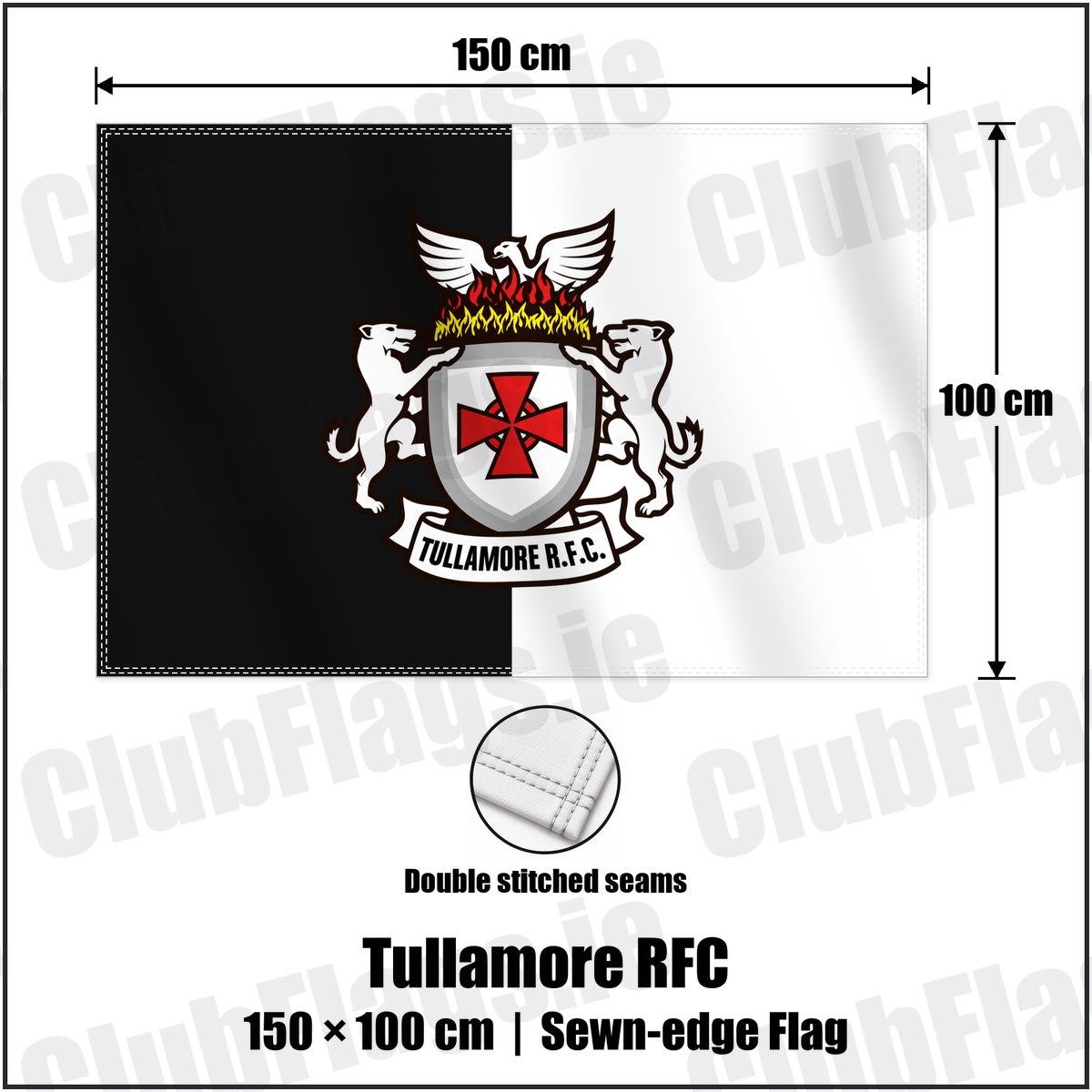 Tullamore RFC 100cm x 150cm Flag (sewn on the edges) with the verified club crest and colours, Offaly Rugby - ClubFlags.ie