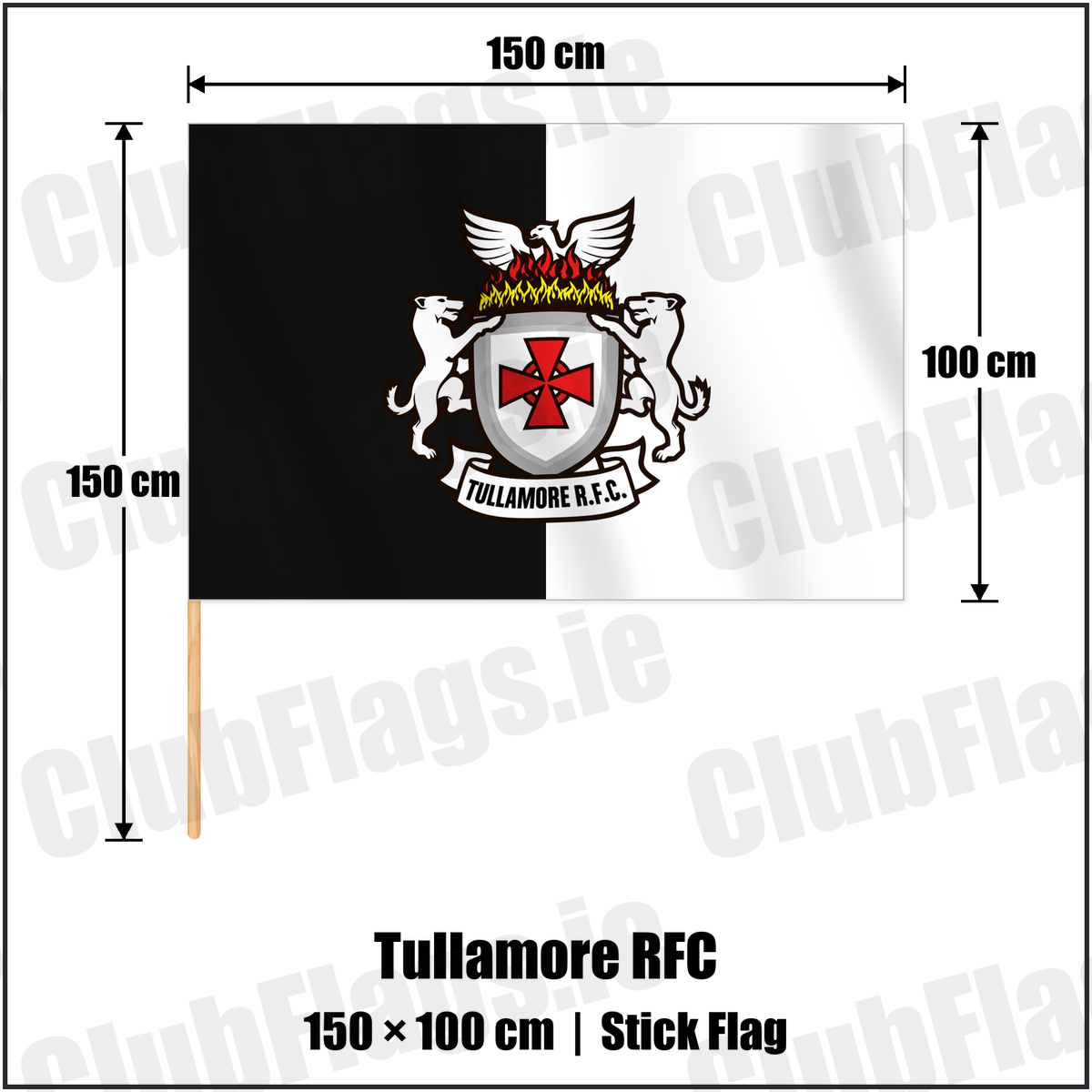 Tullamore RFC 100cm x 150cm Stick Flag with the verified club crest and colours, Offaly Rugby - ClubFlags.ie