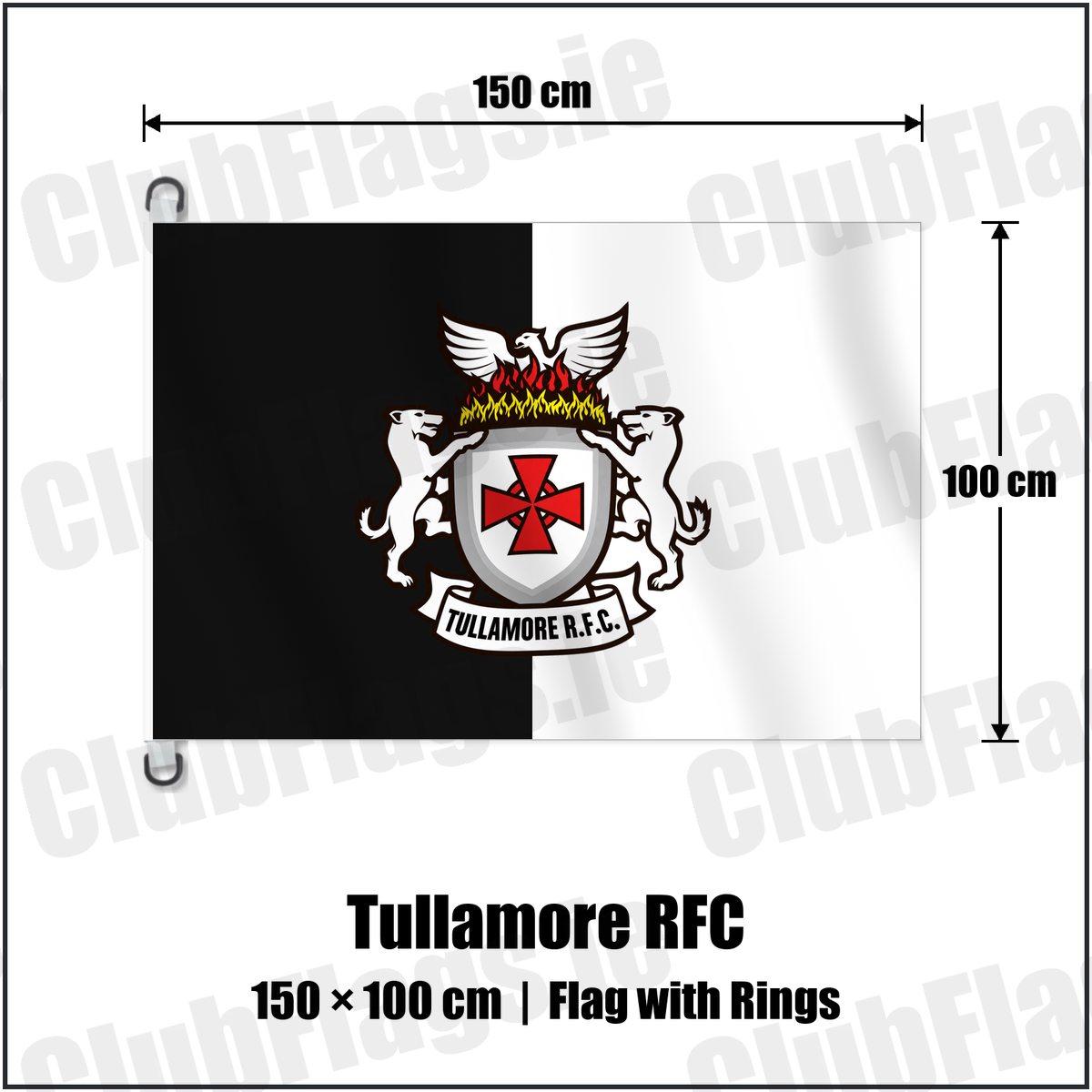 Tullamore RFC 150cm x 100cm Flag Pole Flag with Rings with the verified club crest and colours, Offaly Rugby - ClubFlags.ie