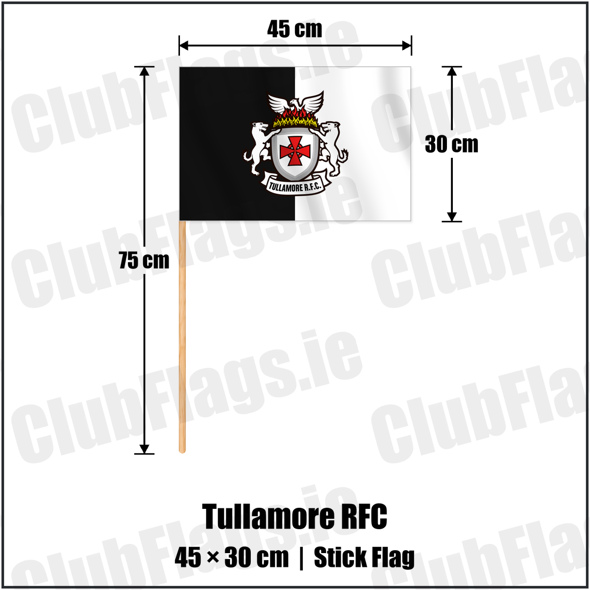 Tullamore RFC 30cm x 45cm Stick Flag with the verified club crest and colours, Offaly Rugby - ClubFlags.ie