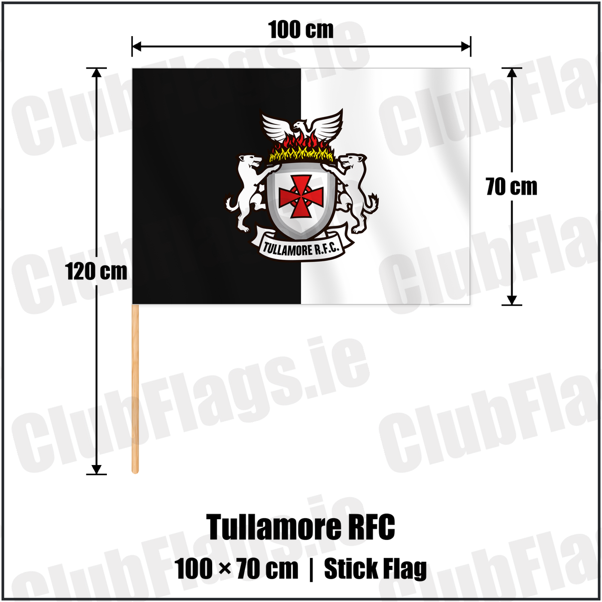 Tullamore RFC 70cm x 100cm Stick Flag with the verified club crest and colours, Offaly Rugby - ClubFlags.ie