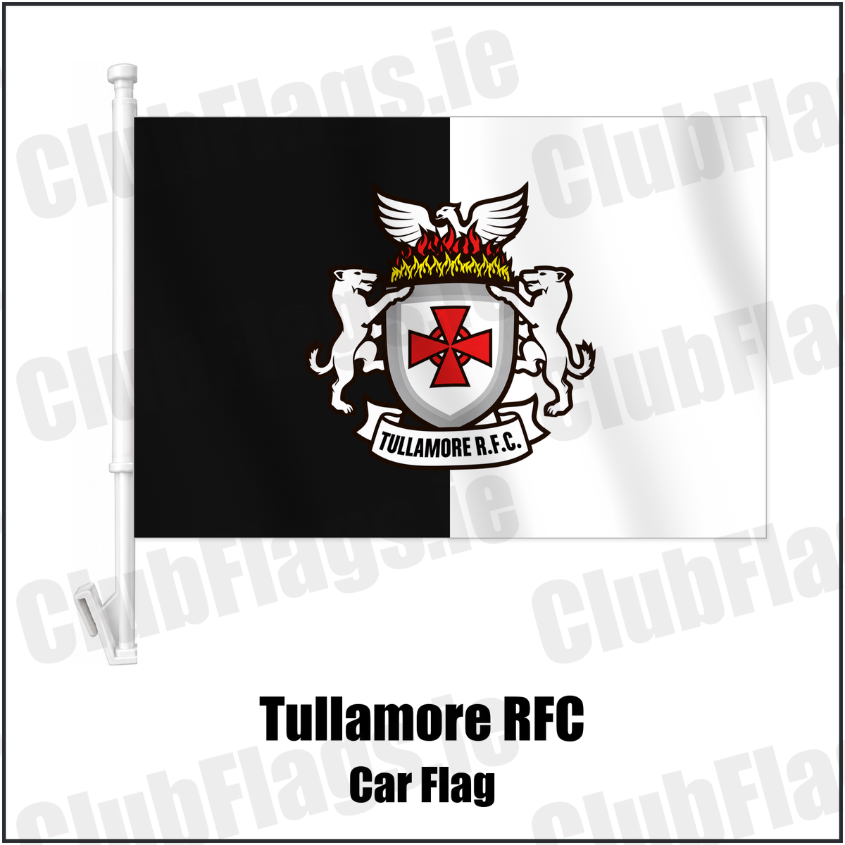 Tullamore RFC Car Flag with the verified club crest and colours, Offaly Rugby - ClubFlags.ie