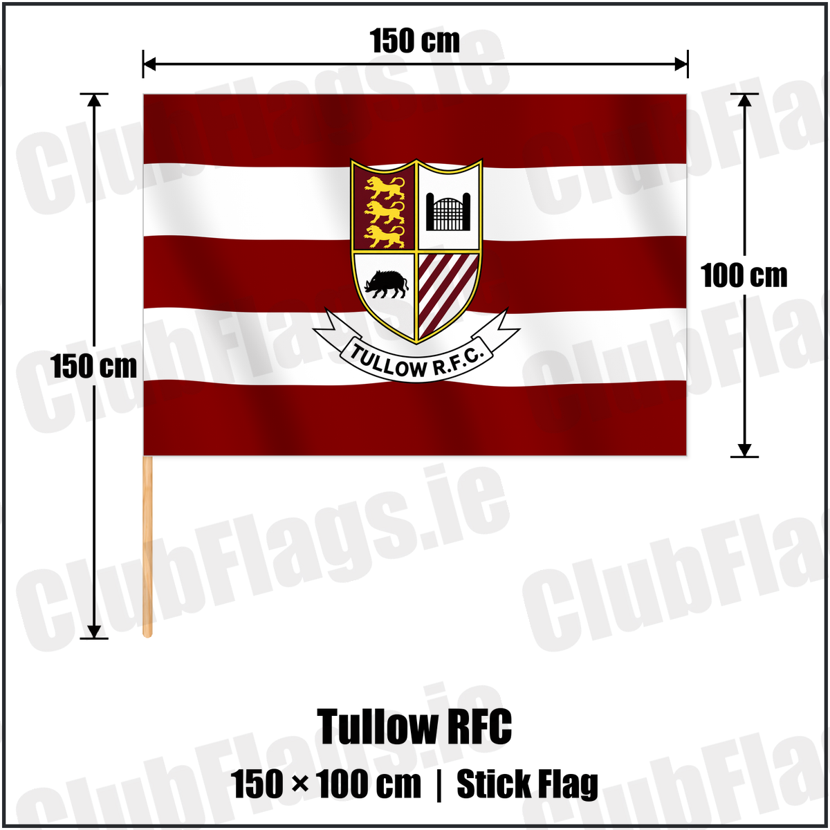 Tullow RFC 100cm x 150cm Stick Flag with the club crest and colours, Carlow Rugby - ClubFlags.ie