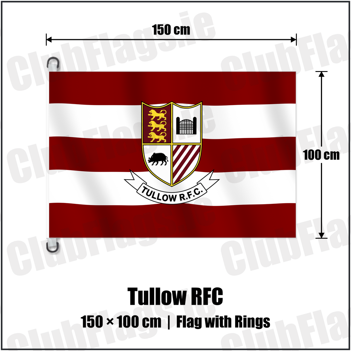 Tullow RFC 150cm x 100cm Flag Pole Flag with Rings with the club crest and colours, Carlow Rugby - ClubFlags.ie
