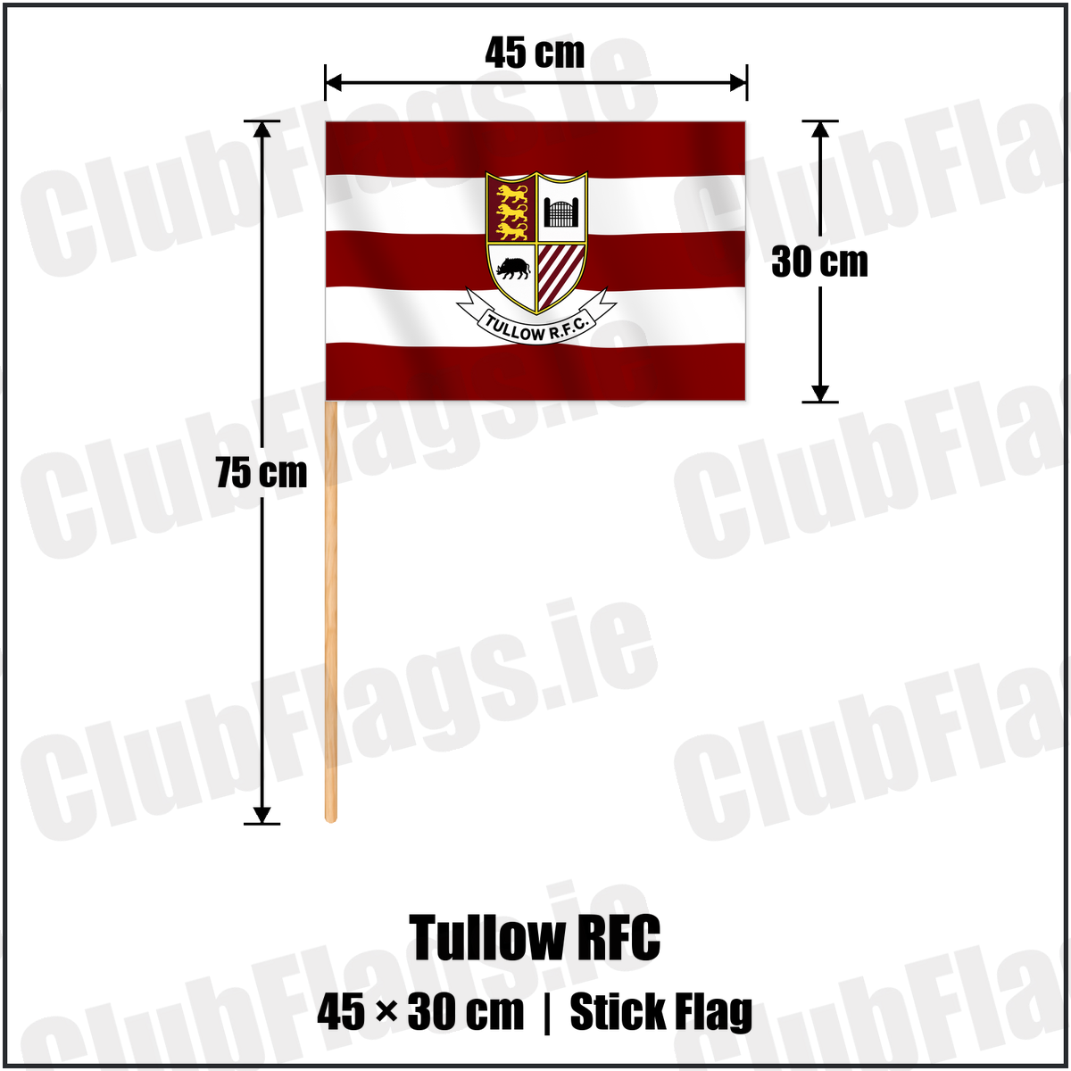 Tullow RFC 30cm x 45cm Stick Flag with the club crest and colours, Carlow Rugby - ClubFlags.ie