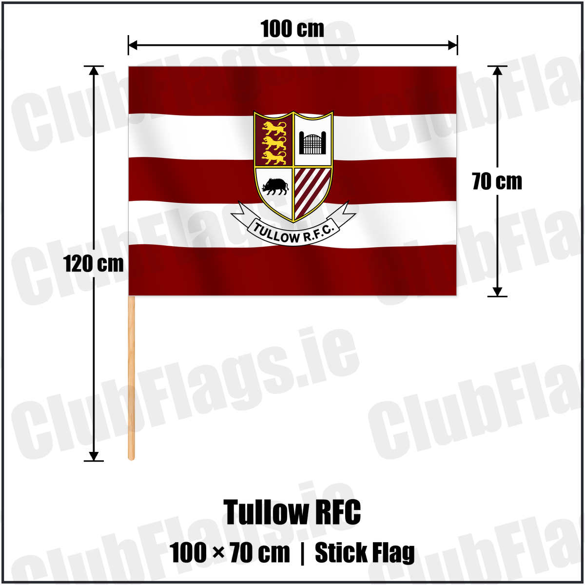 Tullow RFC 70cm x 100cm Stick Flag with the club crest and colours, Carlow Rugby - ClubFlags.ie