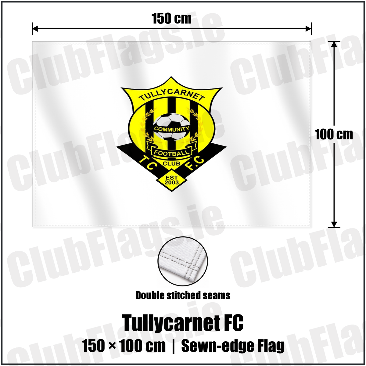 Tullycarnet FC 100cm x 150cm Flag (sewn on the edges) with the club crest and colours, Down Football - ClubFlags.ie