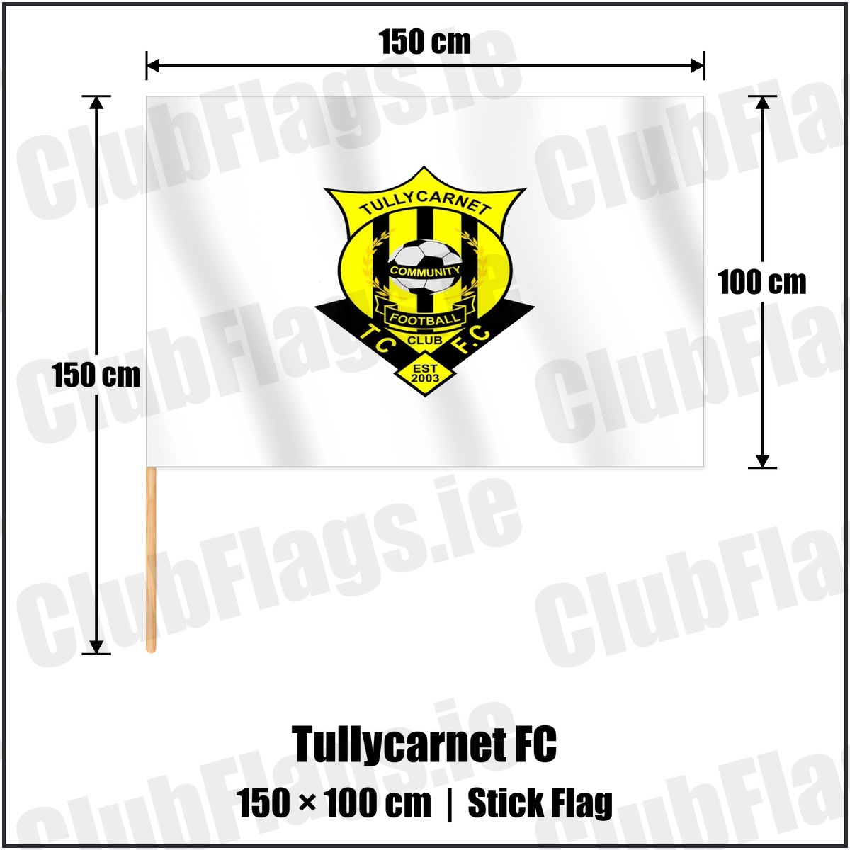 Tullycarnet FC 100cm x 150cm Stick Flag with the club crest and colours, Down Football - ClubFlags.ie
