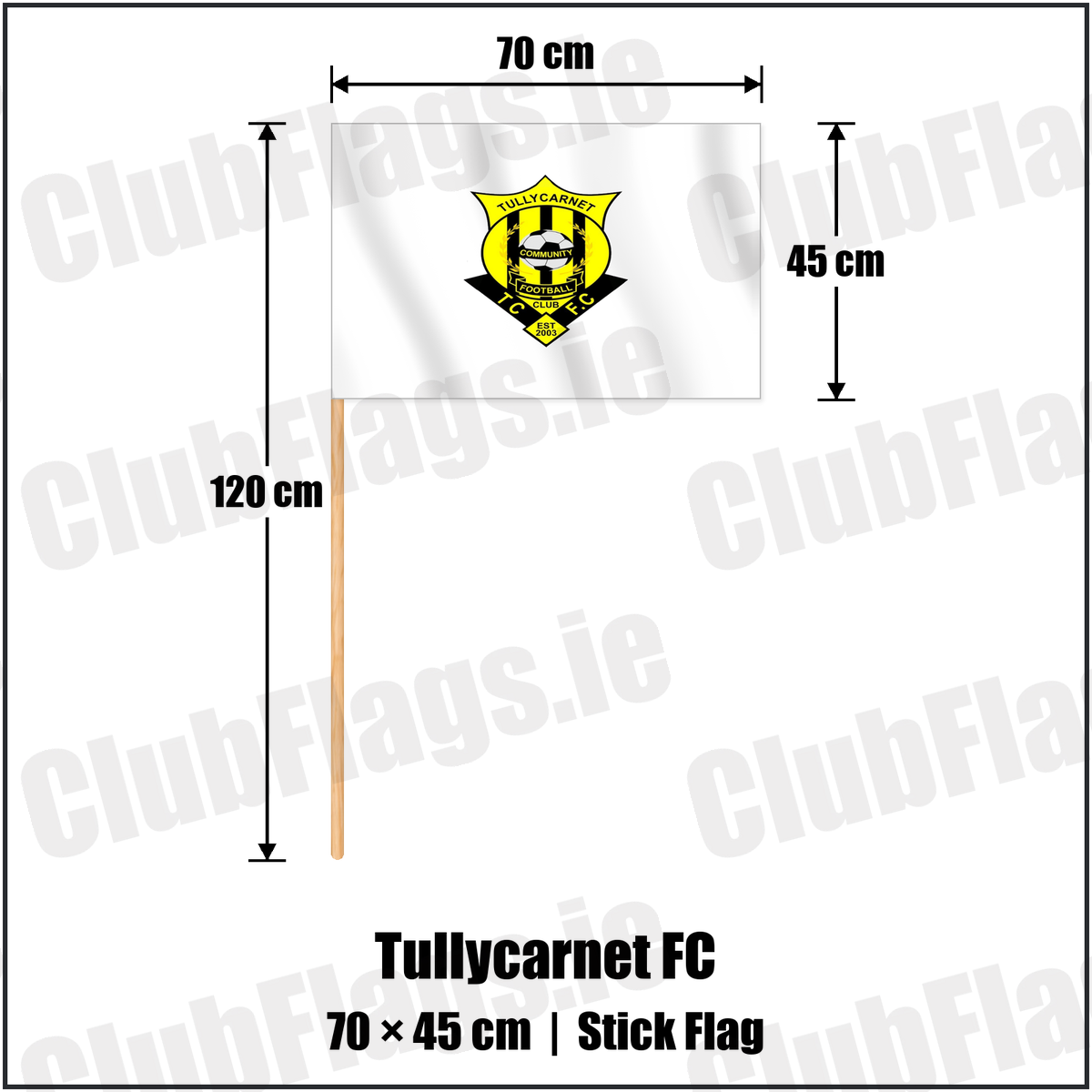 Tullycarnet FC 45cm x 70cm Stick Flag with the club crest and colours, Down Football - ClubFlags.ie