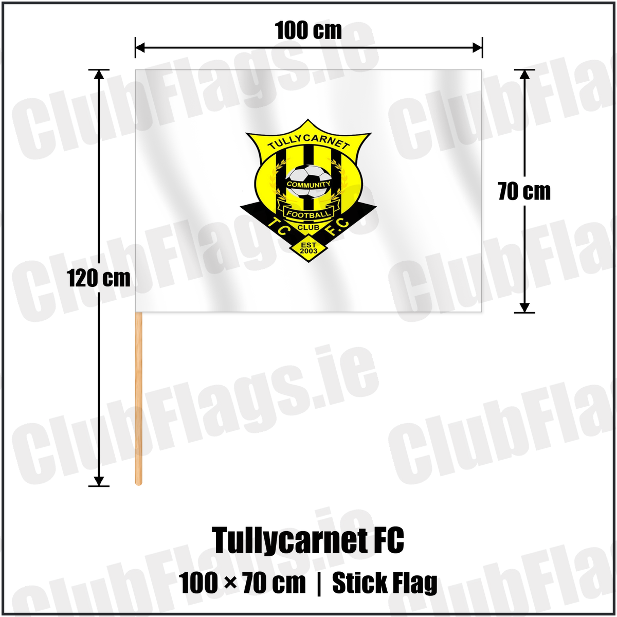 Tullycarnet FC 70cm x 100cm Stick Flag with the club crest and colours, Down Football - ClubFlags.ie