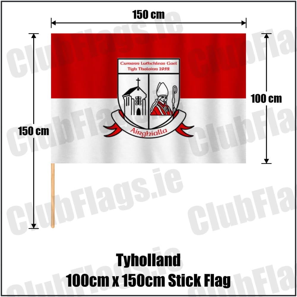 Tyholland 100cm x 150cm Stick Flag in red and white, featuring the club crest on realistic fabric with gentle vertical folds; County Monaghan GAA. ClubFlags.ie.