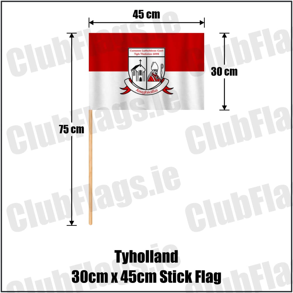Tyholland 30cm x 45cm Stick Flag in red and white, featuring the club crest on realistic fabric with gentle vertical folds; County Monaghan GAA. ClubFlags.ie.