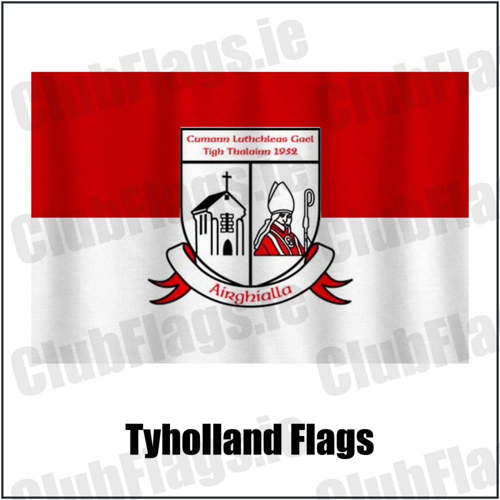 Tyholland Flags in red and white, featuring the club crest on realistic fabric with gentle vertical folds; County Monaghan GAA. ClubFlags.ie.