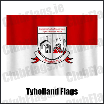 Tyholland Flags in red and white, featuring the club crest on realistic fabric with gentle vertical folds; County Monaghan GAA. ClubFlags.ie.