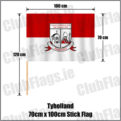 Tyholland 70cm x 100cm Stick Flag in red and white, featuring the club crest on realistic fabric with gentle vertical folds; County Monaghan GAA. ClubFlags.ie.