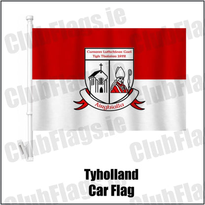 Tyholland Car Flag in red and white, featuring the club crest on realistic fabric with gentle vertical folds; County Monaghan GAA. ClubFlags.ie.