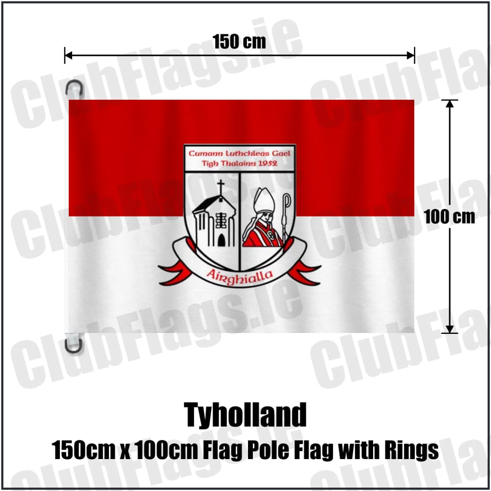Tyholland 150cm x 100cm Flag Pole Flag with Rings in red and white, featuring the club crest on realistic fabric with gentle vertical folds; County Monaghan GAA. ClubFlags.ie.