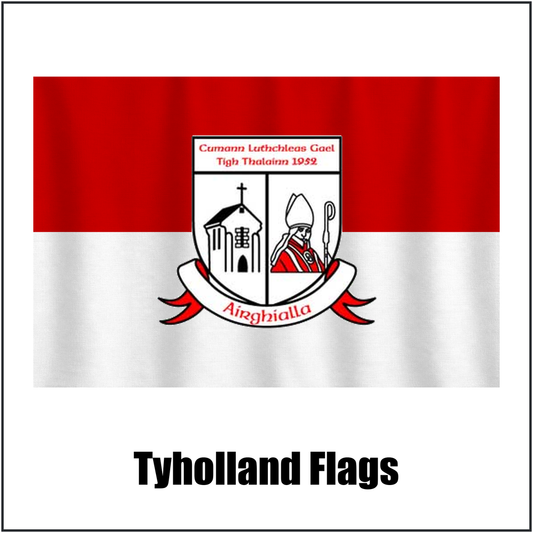 Tyholland Flags, featuring the club crest and red and white colours; County Monaghan GAA. ClubFlags.ie.
