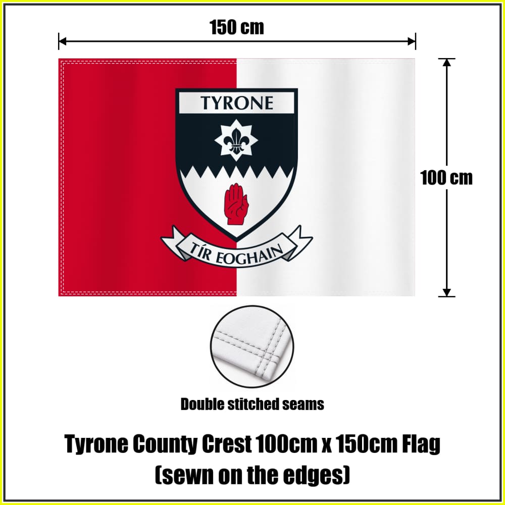 Tyrone county crest 100 × 150 cm sewn-edge flag in red and white, with dimension arrows and a double-stitch seam close-up.