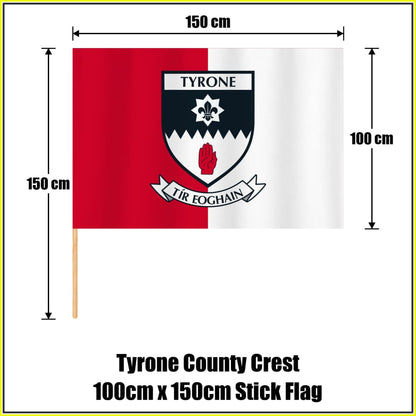 Tyrone county crest 100 × 150 cm stick flag in red and white, with a 150 cm wooden stick and dimension arrows.