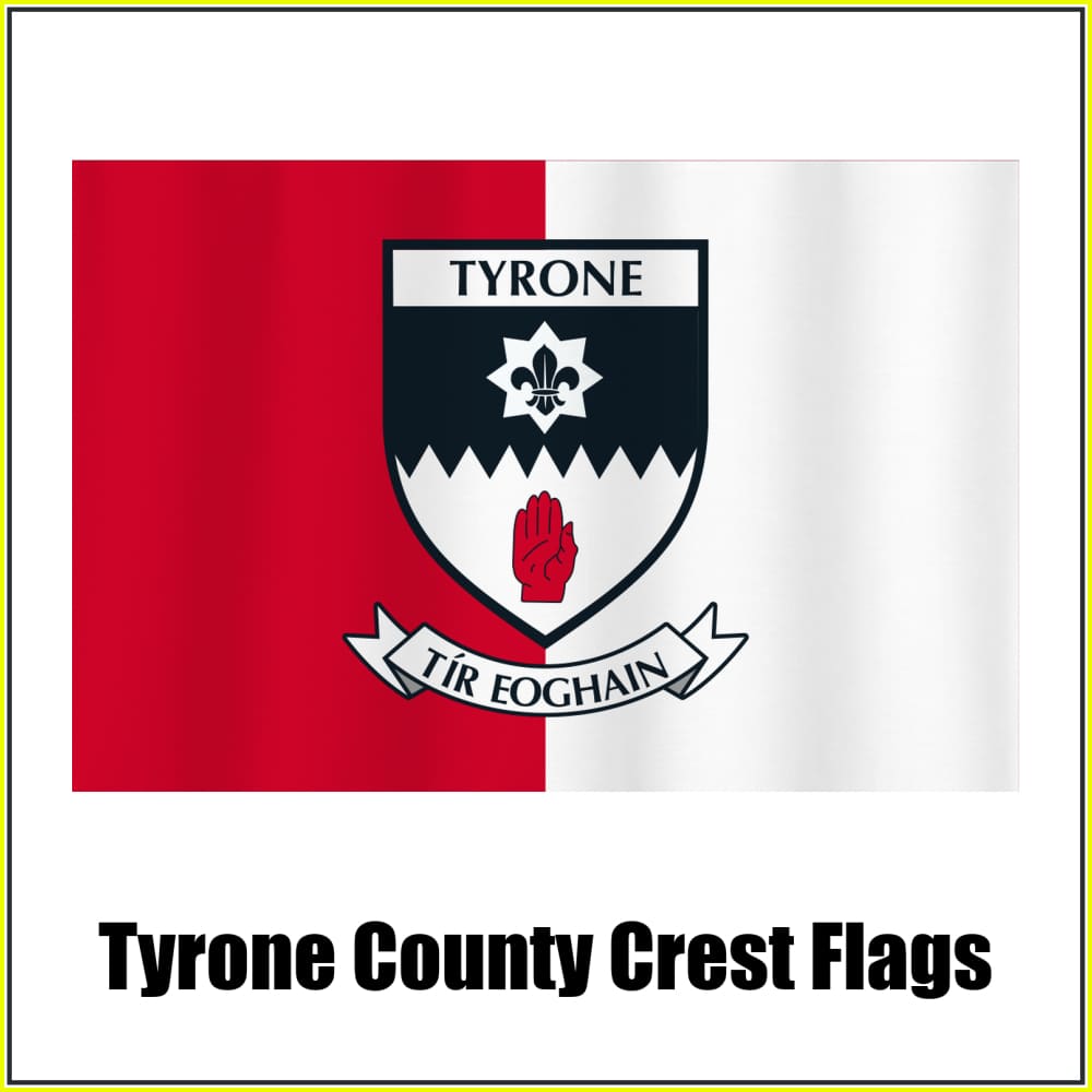 Tyrone county crest flag in red and white, with county name and crest.