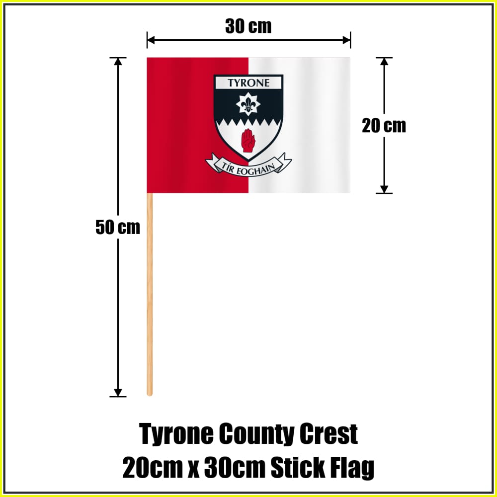 Tyrone county crest 20 × 30 cm stick flag in red and white, with a 50 cm wooden stick and dimension arrows.